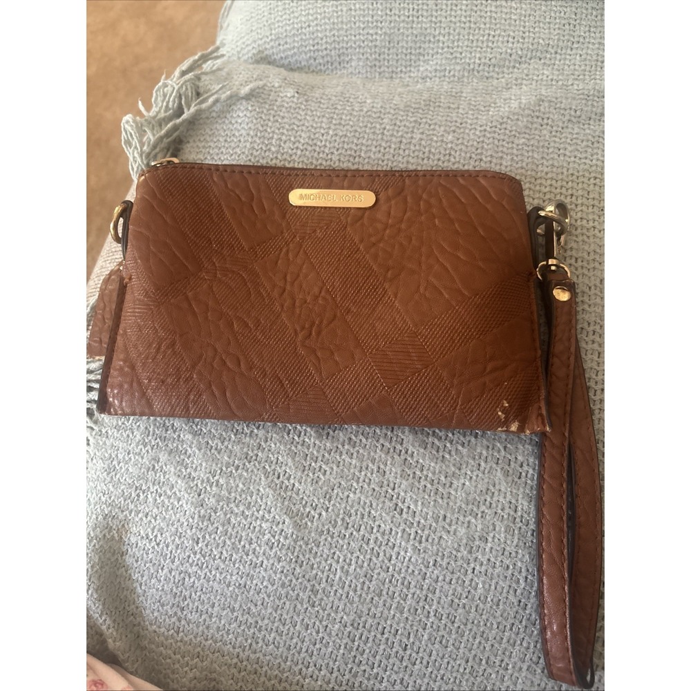 Michael Kors Jet Set Travel Large Double Zip Phone Wallet Wristlet Brown Pebble